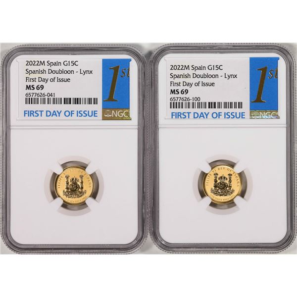 Lot of (2) 2022M Spain 15 Euro Cent Lynx Gold Doubloon Coins NGC MS69 FDOI