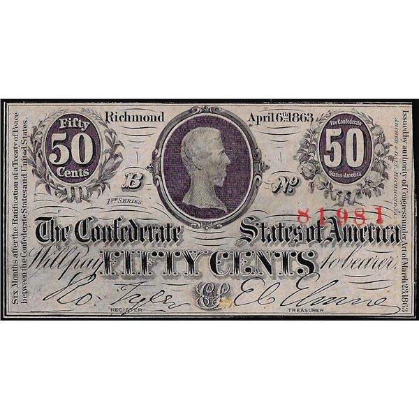 1863 Fifty Cents Confederate States of America Note