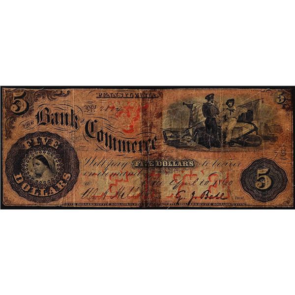 1860 $5 The Bank of Commerce Erie, PA Obsolete Note