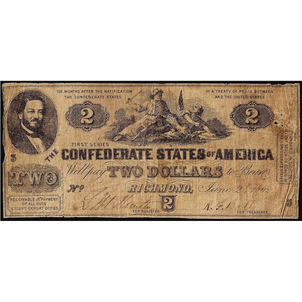 1862 $2 The Confederate States of America Note