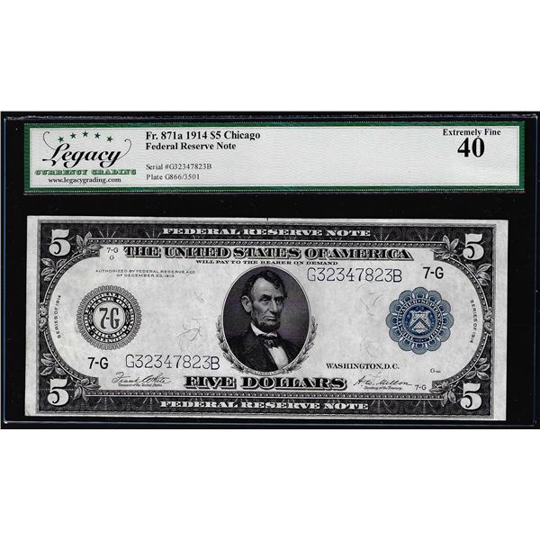 1914 $5 Federal Reserve Note Chicago Fr.871A Legacy Extremely Fine 40