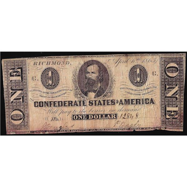 1863 $1 Confederate States of America Note