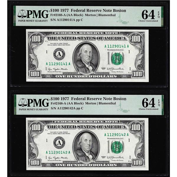 (2) Consecutive $100 Federal Reserve Notes Fr.2168-A PMG Choice Uncirculated 64EPQ