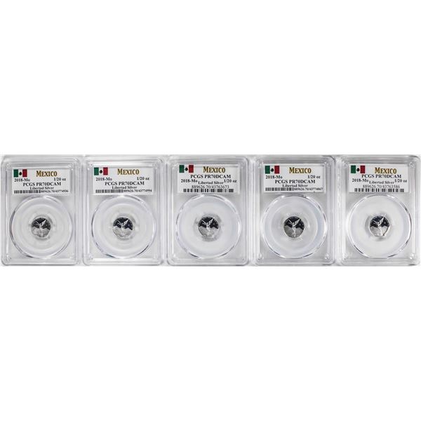 Lot of (5) 2018-Mo Mexico Proof 1/20 oz Silver Libertad Coins PCGS PR70DCAM