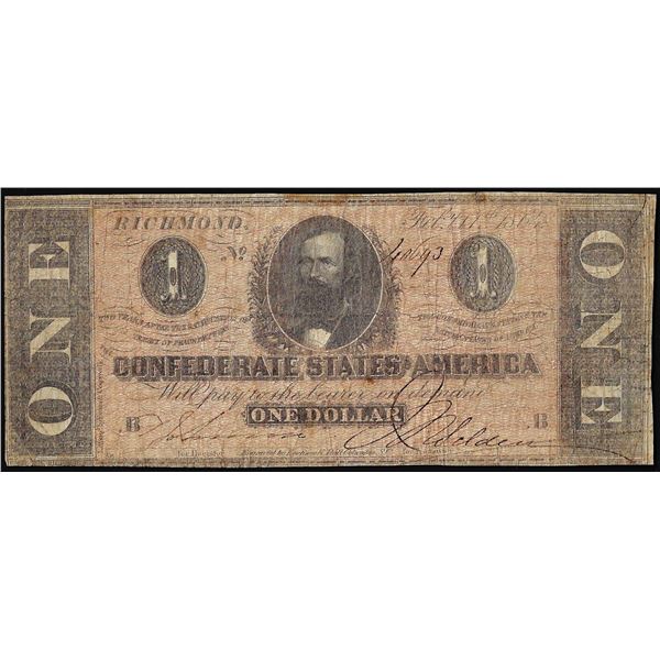1864 $1 Confederate States of America Note