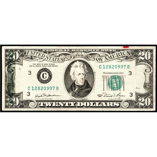 1981 $20 Federal Reserve Note Philadelphia Partial Offset Error
