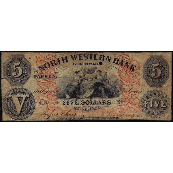 1859 $5 North Western Bank Warren, PA Obsolete Currency Note
