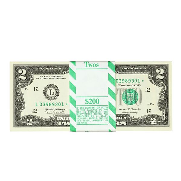 Pack of (100) Consecutive 2017A $2 Federal Reserve Star Notes San Francisco