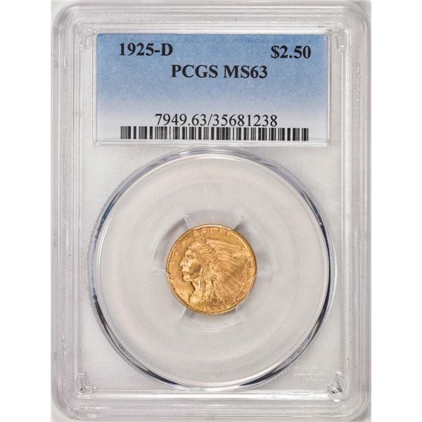 1925-D $2 1/2 Indian Head Quarter Eagle Gold Coin PCGS MS63