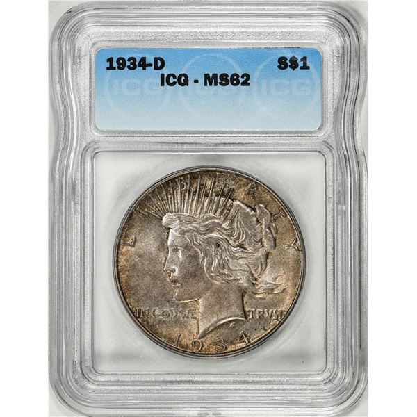 1934-D $1 Peace Silver Dollar Coin ICG MS62