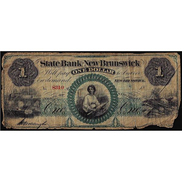 1860's $1 State Bank at New Brunswick New Jersey Obsolete Note