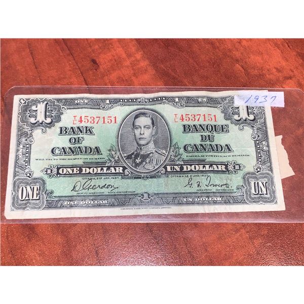Vintage Canada King George VI 1937 Bank of Canada $1.00 Bill