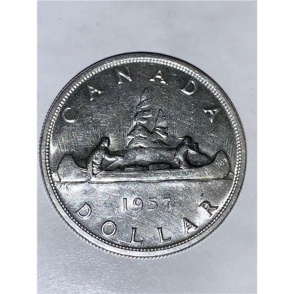Vintage Canada 1957 Silver Voyageur Canoe Dollar Coin VF Condition