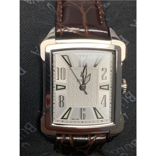 NEW IN BOX Bulova Model 96L136 Leather Strap Indiglo Wrist Watch includes box and owners guide and w