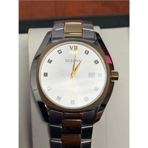 NEW IN BOX Bulova Model 98D125 Silver 2 tone Gents Date Face Wrist Watch includes box and owners gui