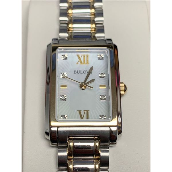 NEW IN BOX Bulova Model 98P144 Silver Wrist Watch with Diamonds, includes box and owners guide and w