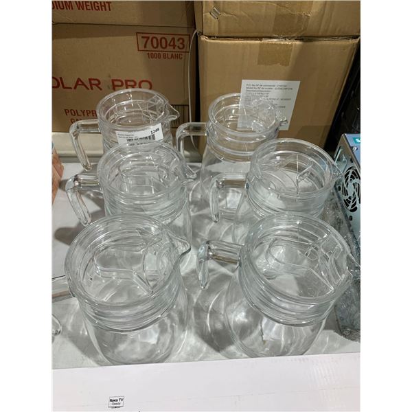 Lot Of 6 Glass Pitchers with plastic lids
