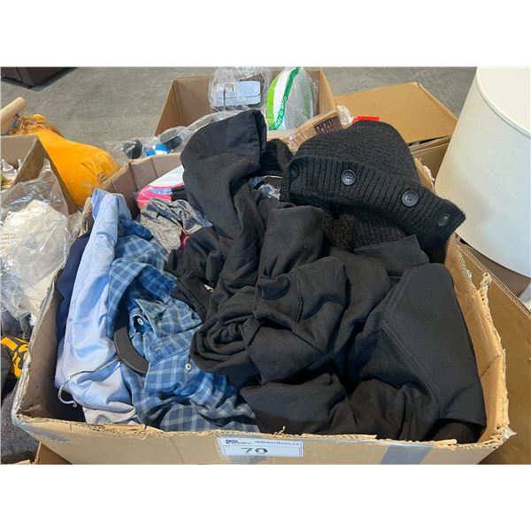 BOX OF ASSORTED MEN'S AND WOMEN'S CLOTHING INCLUDING SWEATERS, SHIRTS AND MORE