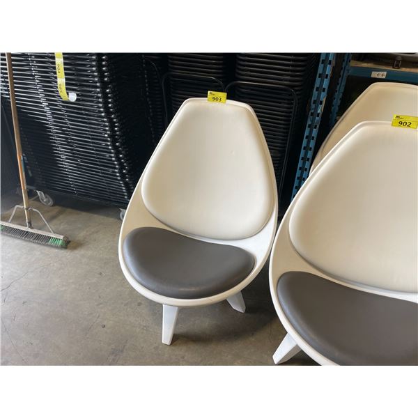 PAIR OF WHITE PLASTIC GREY / WHITE PADDED SWIVEL DESIGNER EGG CHAIRS
