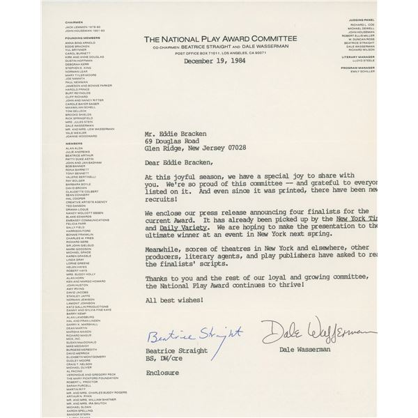 Beatrice Straight and Dale Wasserman signed letter