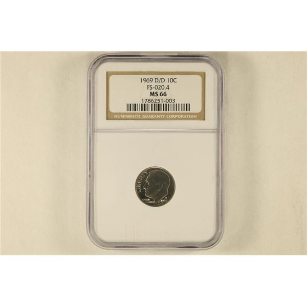 1969-D/D ROOSEVELT DIME NGC MS66 FS-020.4