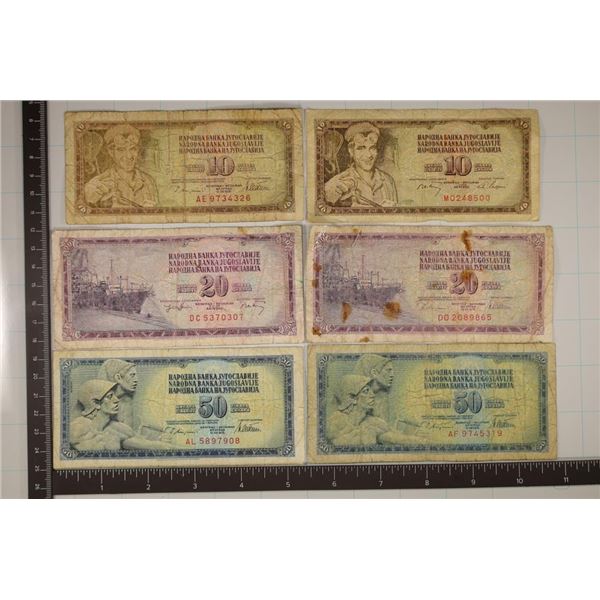 6 YUGOSLAVIAN BILLS: 1968 & 1978 TEN DINARA, 1974