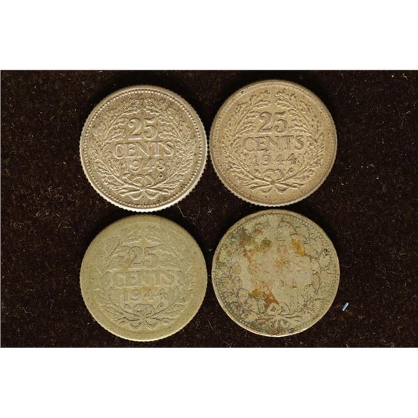 1943, 2-1944 & 1-NO DATE NETHERLANDS SILVER 25