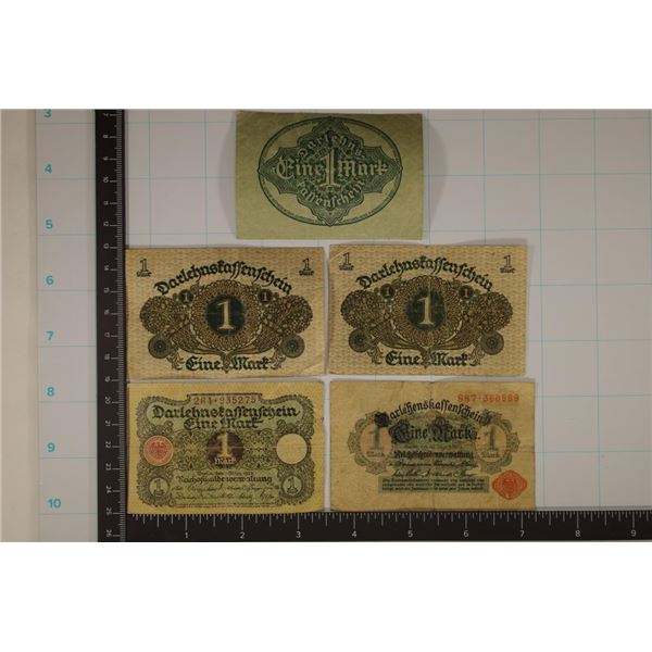 5 GERMAN 1 MARK BILLS: 1-1914, 3-1920 & 1-1922