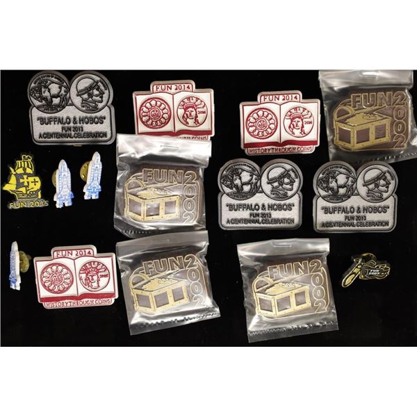 15 ASSORTED FUN SHOW PLASTIC PIN BACKS FROM