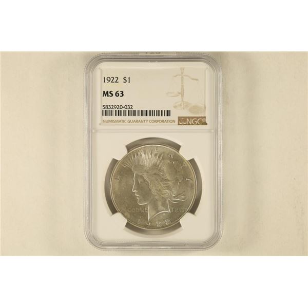 1922 PEACE SILVER DOLLAR NGC MS63