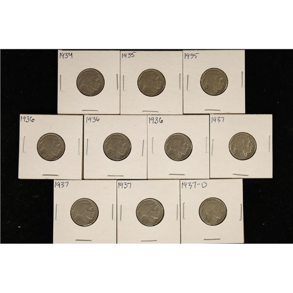 10 ASSORTED FULL DATE 1930'S BUFFALO NICKELS