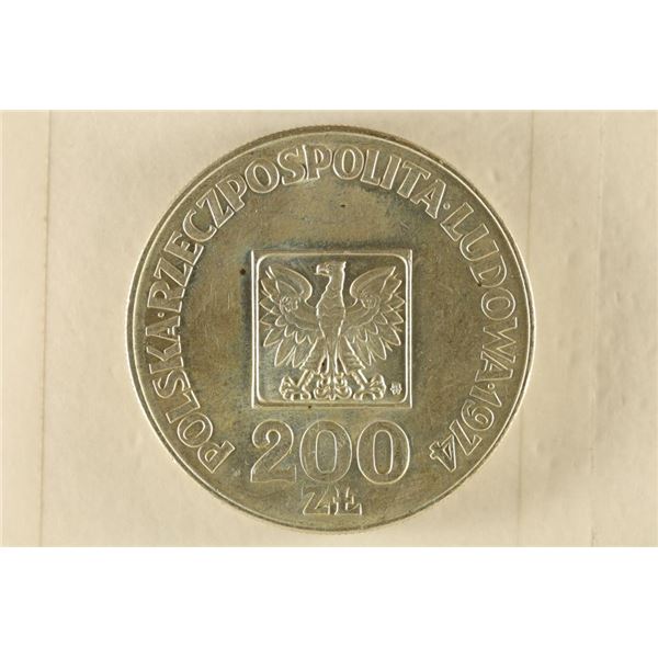 1974 POLAND SILVER 200 ZLOTY (AU+) .2908 OZ. ASW