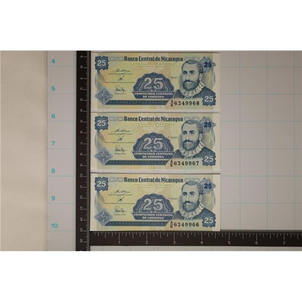 3-NICARAGUA 25 CENTAVO CRISP UNC BILLS WITH