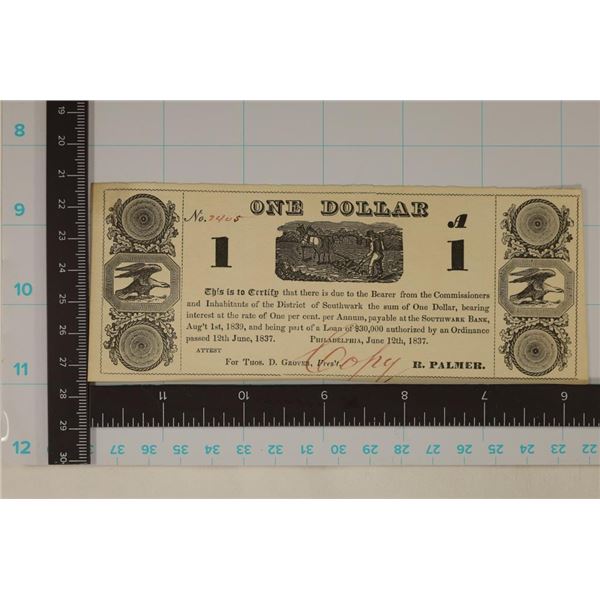 1837 DISTRICT OF SOUTHWARK BANK $1 NOTE CU