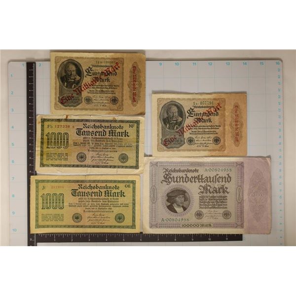 5-GERMAN BILLS: 4-1922 ONE THOUSAND MARK & 1923