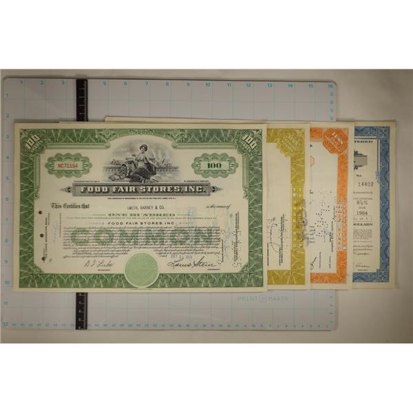 4 VINTAGE STOCK CERTIFICATES: 1959 FOOD FAIR