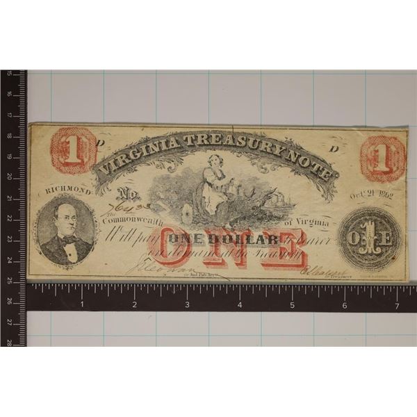 1862 VIRGINIA STATE TREASURY $1 OBSOLETE BANK NOTE