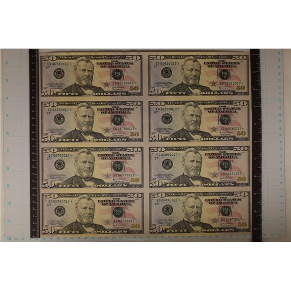 UNCUT SHEET OF 8-2004 US $50 FRN'S STAR NOTES CU