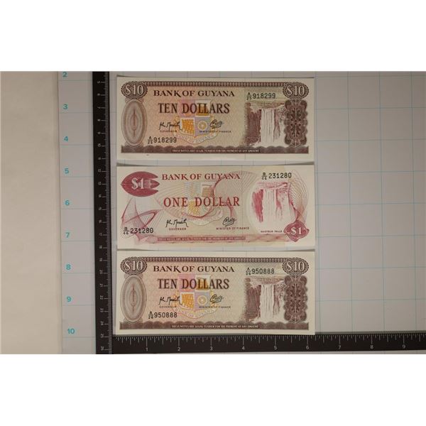 3-BANK OF GUYANA $1 & 2-$10 CRISP UNC BILLS