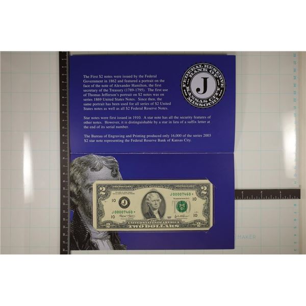 KANSAS CITY 2003 US $2 FRN STAR NOTE LOW SERIAL #