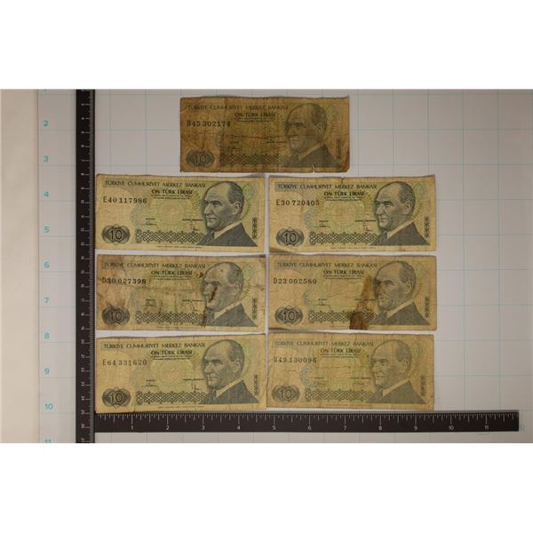 6-1970 TURKEY 10 LIRASI BILLS, 1 HAS OLD TAPE