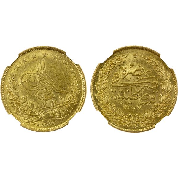 TURKEY: Abdul Aziz, 1861-1876, AV 100 kurush, Kostantiniye, AH1277 year 7, NGC MS63