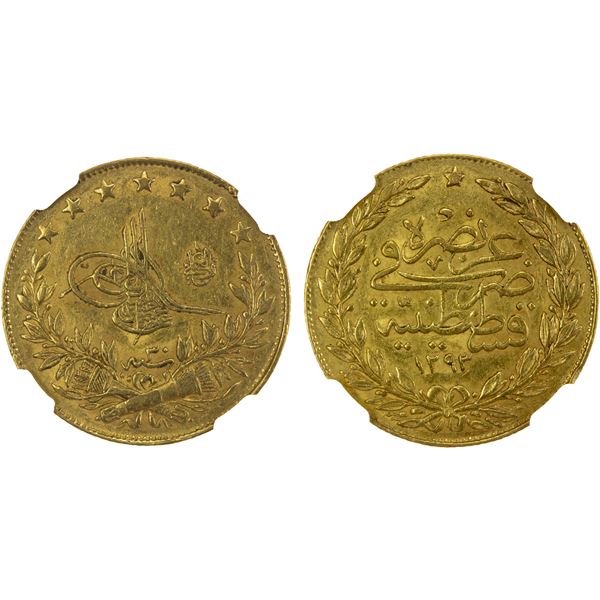 TURKEY: Abdul Hamid II, 1878-1909, AV 100 kurush, Kostantiniye, AH1293 year 30, NGC AU55