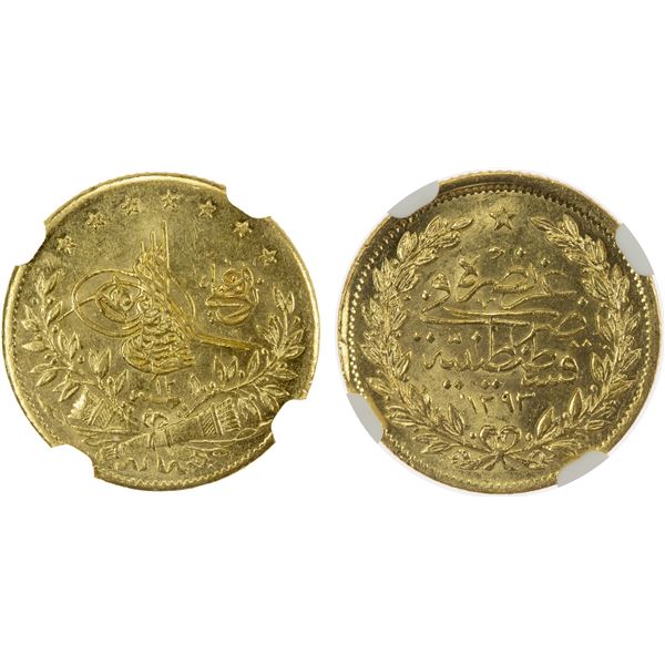 TURKEY: Abdul Hamid II, 1878-1909, AV 50 kurush, Kostantiniye, AH1293 year 12, NGC MS62