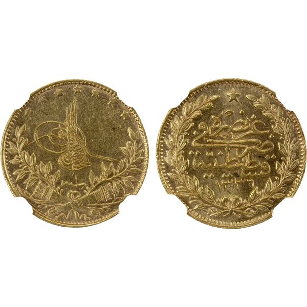 TURKEY: Mehmet VI, 1918-1924, AV 50 kurush, Kostantiniye, AH1336 year 1, NGC MS62