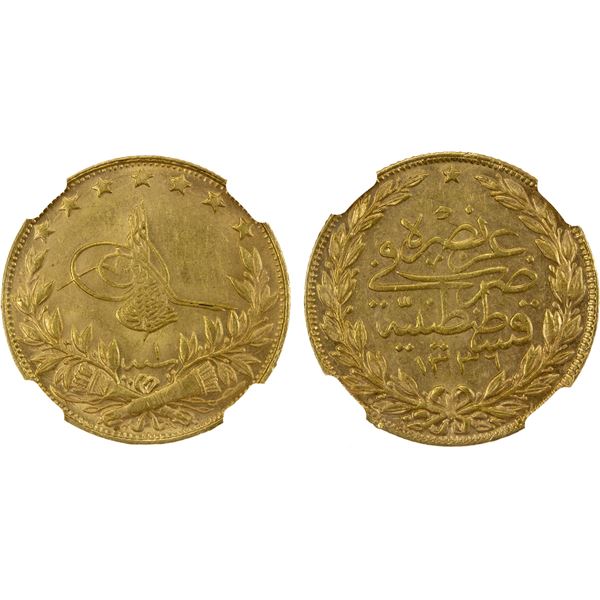 TURKEY: Mehmet VI, 1918-1924, AV 100 kurush, Kostantiniye, AH1336 year 1, NGC MS63