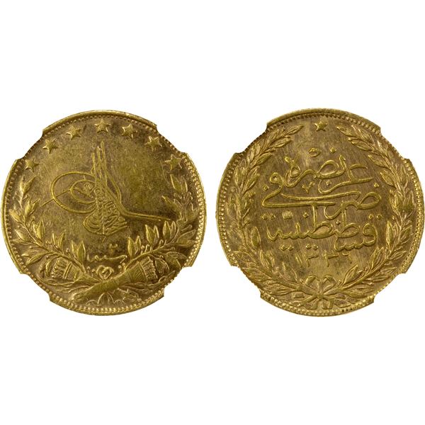 TURKEY: Mehmet VI, 1918-1924, AV 100 kurush, Kostantiniye, AH1336 year 2, NGC AU58