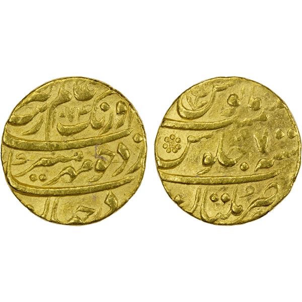 MUGHAL: Aurangzeb, 1658-1707, AV mohur (10.85g), Multan, AH1074 year 7, VF