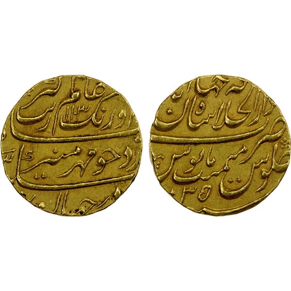 MUGHAL: Aurangzeb, 1658-1707, AV mohur (10.84g), Shahjahanabad (Delhi), AH1103 year 35, EF