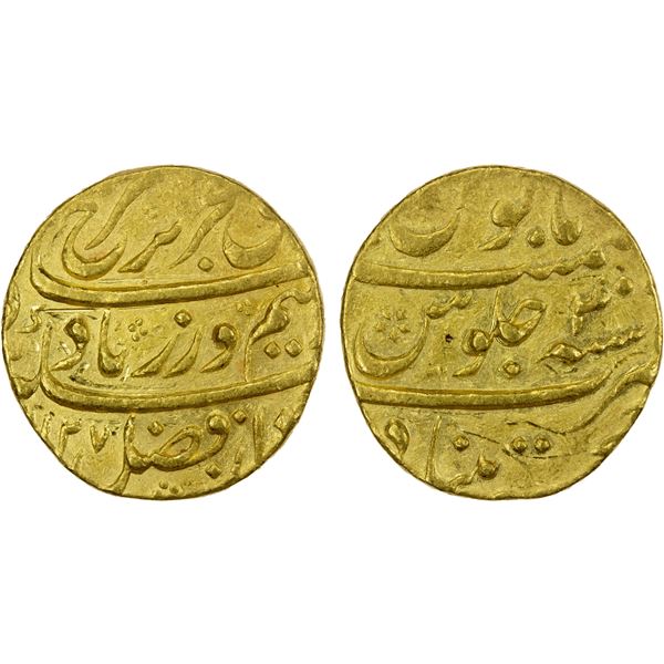 MUGHAL: Farrukhsiyar, 1713-1719, AV mohur (10.84g), Khujista Bunyad, AH1127 year 4, EF